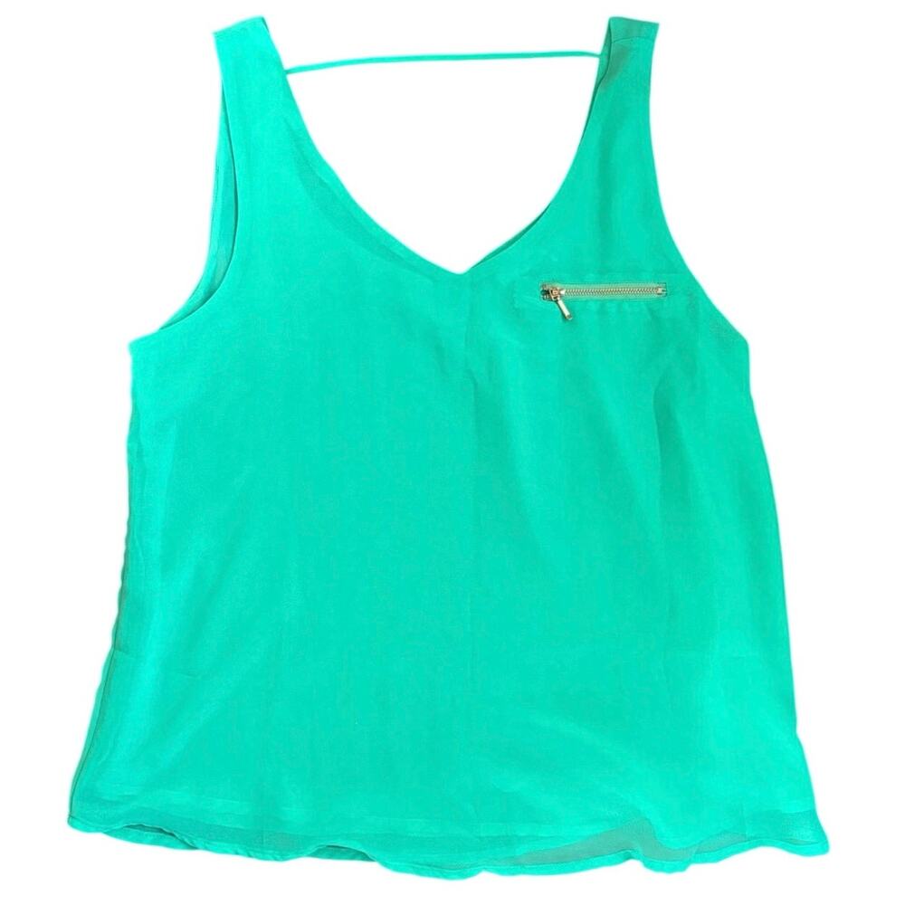 Blu‎ Pepper Teal Green V-Neck Tank Top Zipper Pocket Strap Back Womens L
